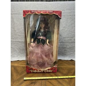New In Box Collectors Choice Porcelain Dolly Large Floral Pink Ruffles Brunette